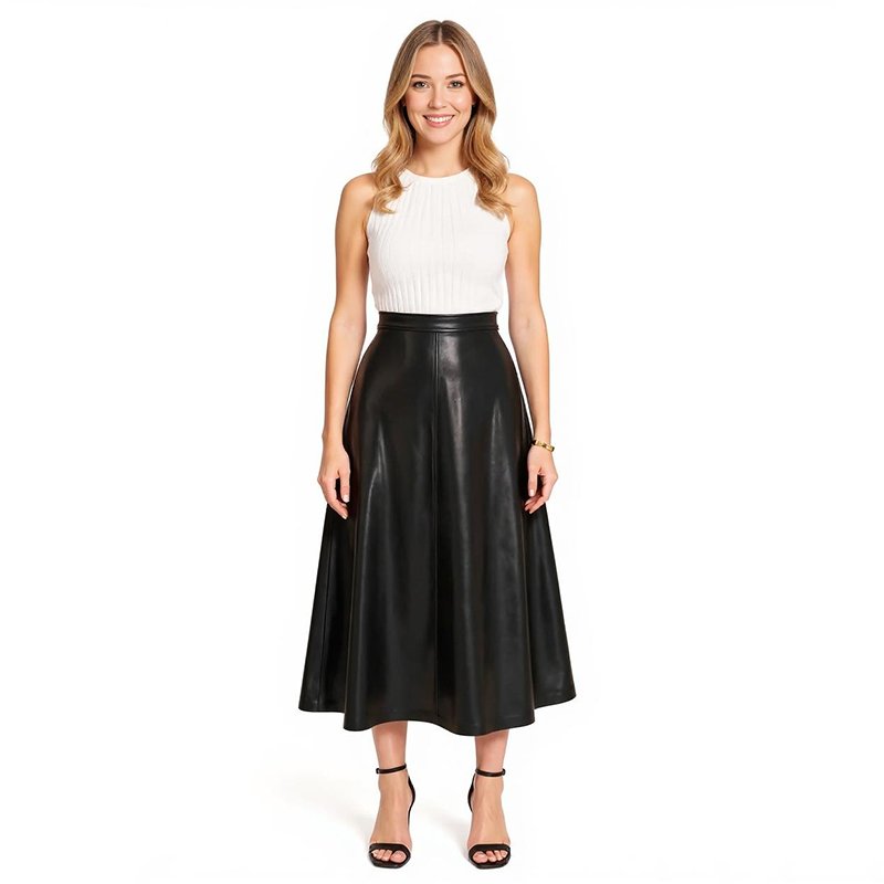 IMG_4327 Lelene Black Faux Leather Midi Skirt - Image 1