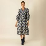 Blue Floral Puff Sleeve Midi Dress