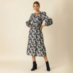 Blue Floral Puff Sleeve Midi Dress - Image 3