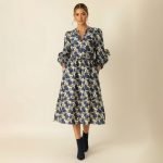 Blue Floral Puff Sleeve Midi Dress - Image 2
