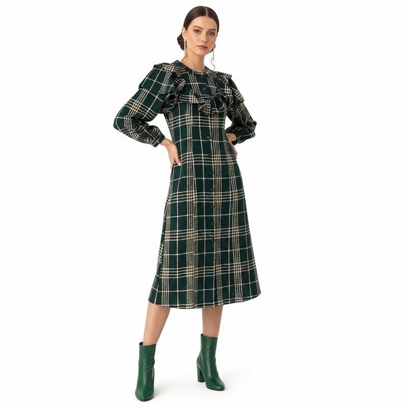 PicjamDownload-2025-09-22T190208.848 Green Plaid Ruffle Midi Dress - Image 1