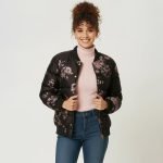 Black Floral Bomber Puffer Jacket - Image 3