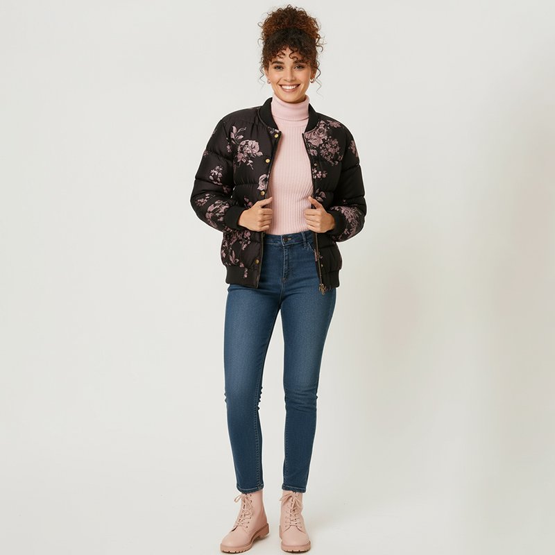 PicjamDownload-41 Black Floral Bomber Puffer Jacket - Image 1