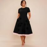 Floral Appliqué Black Midi Dress