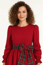 Red Plaid Bow Midi Dress - Image 3