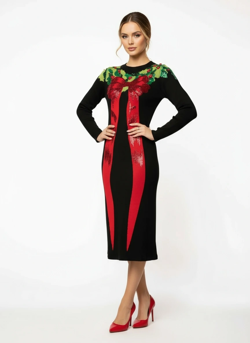 PicjamDownload - 2025-10-17T011350.053 Holiday Bow Knit Midi Dress - Image 1